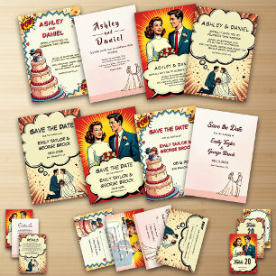 Retro Bride & Groom Pop Art Tecknad Stil Bröllop Inbjudningar