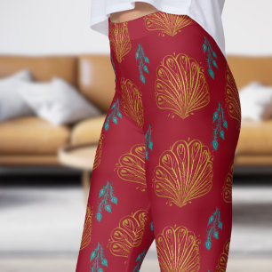 Elegant Turcos Blue Peacock Fläkt Mönster Leggings