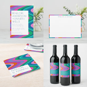 Groovy Colorful Curvy Linjer Unique Retro Bröllop Inbjudningar