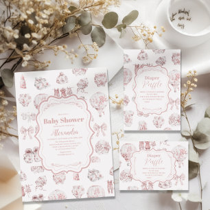 Rosa Clothes Toile De Jouy Baby Shower Inbjudningar