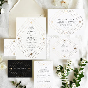 Guld Diamond White Geometric Deco Gatsby Bröllop OSA Kort