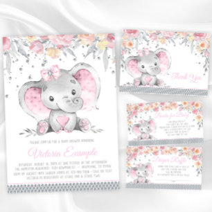 Rosa Grå Elefant Diamant Blommig Baby Shower Tack Kort