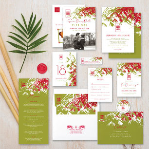 Red & Grönt Bamboo Löv Asian Bröllop Adress Returadress Etikett