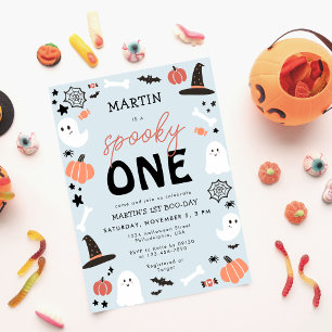 Modern Cute Spooky One Halloween Boy 1st Birthday Tack Kort