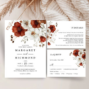 Red & White Rustic Blommigt Bröllop Runt Klistermärke