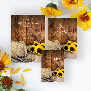 Cowboy Hat, solblommor, barn Wood Bröllop OSA Card Kort