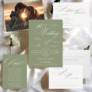 Traditionell Elegant Calligraphy Sage Grönt Bröllo OSA Kort