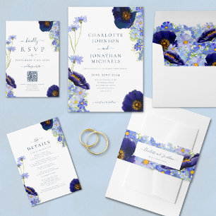 Modern Blue Wildblomma Watercolor Rustic Bröllop Inbjudningar