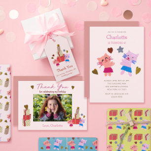 Cute  Rosa Papper kollage katter och presentfödels Inbjudningar