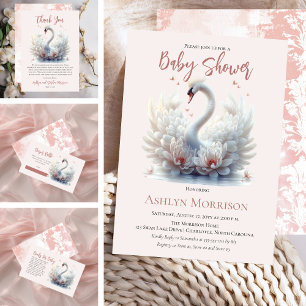 Vackert Svan Rosa Blommigt Damask Girl Baby Shower Tack Kort