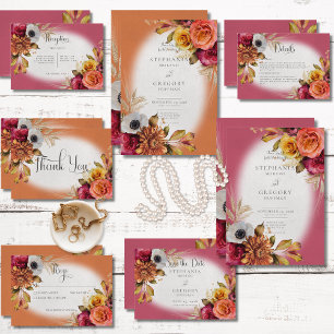 Vintage Floral Rust & Fuchsia Wedding Invitation Inbjudningar