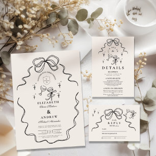 Doodle Champagne Whimsical Bow Bröllop Tack Kort