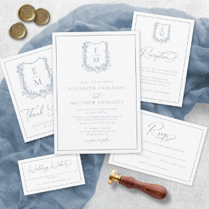 Elegant Dusty Blue Blommigt Bröllop Monogram Vapen OSA Kort