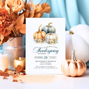 Friendsgiving Dinner Blue Orange Guld Pumpkins Inbjudningar
