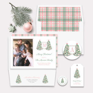 Rosa Grönt Monogram Julgran Kuvert försegling Runt Klistermärke