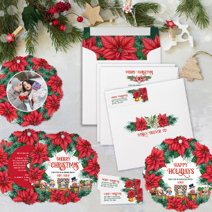 God jul Winter Poinsettia Red Anpassningsbar Photo Julkort