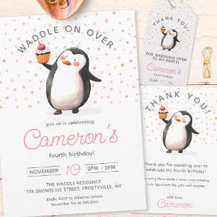 Rosa cuptårta penguin firande Flickans födelsedag Tack Kort
