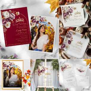 Budget Burgundy Fall Sweet 16 fotoinbjudningar