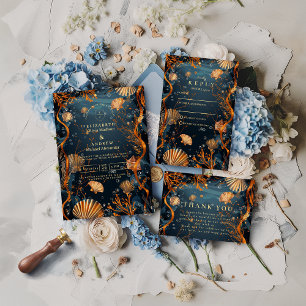 Midnight Deep Sea Gold Nautilus Bröllop Tack Kort