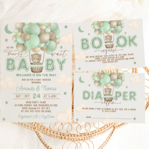 Sagegrön teddybjörn varmluftsballong baby shower  inbjudningar