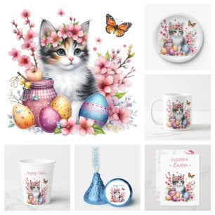 Påskägg Watercolor Kitten Cherry-Blommar Vykort