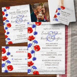 Red Poppy Cornblomma Rustic Wood Bröllop OSA Card Inbjudningar