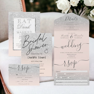 Faux silver glitter,  rosa äter mat bröllop inbjudningar