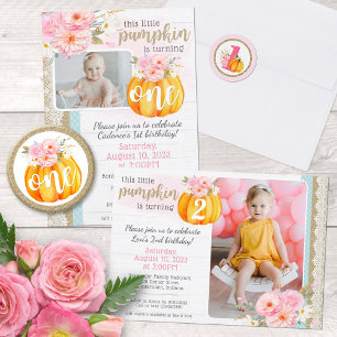 Höstens blommiga pumpa liten flickas 1-års födelse knapp