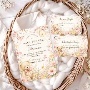 Whimsical Blommig Teddybjörn Bebis Shower Inbjudningar