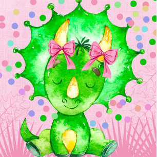 Grönt Watercolor Triceratops Girl Baby Shower Inbjudningar