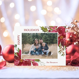 Watercolor Red Poinsettia Married God jul Vykort