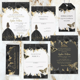 Black Guld Blommigt Butterflies Quinceanera Runt Klistermärke