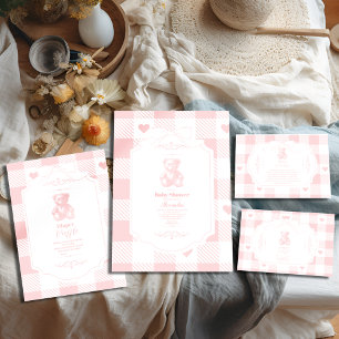 Heart Bow Gingham Fransk Nalle Baby Shower Inbjudningar