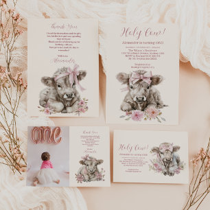 Foto Rosa Girl Girl Blommigt Highland Cow 1:a föde Tack Kort