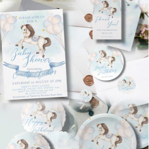 Baby Shower Fairytale Pony Stars Blue Balloons Tilläggskort