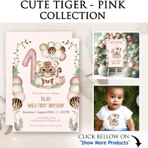 Cute Tiger Safari Rosa Två Vilder Flicka andra föd Inbjudningar