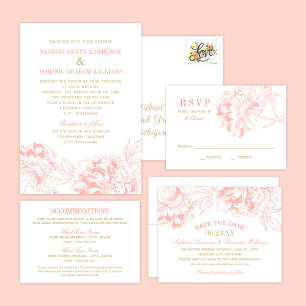 Elegant Coral och Guld Blommigt Peony Bröllop OSA Kort