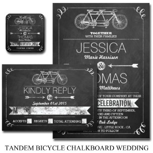 Tandem Bicycle Chalkboard Typography Bröllop Inbjudningar