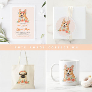 Cute Watercolor Corgi och Peach Flowers Birthday Pappersservett