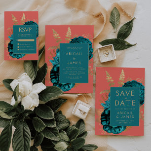 Elegant Blommig Tealblå Korallguld Bröllop RSVP Tilläggskort