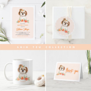 Watercolor Shih Tzu och Peach Flower Hund Birthday Tack Kort
