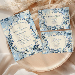 Elegant Blue Toile De Jouy Bröllop Inbjudningar