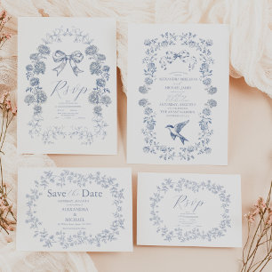 Elegant Fransk Vintage Blue Blommigt Bröllop Inbjudningar