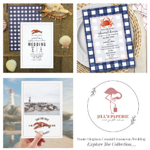 Blue Gingham Crab Bröllop Inbjudningar