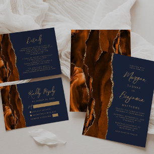 Bränd Orange Agate Guld Script Navy Blue Bröllop OSA Kort