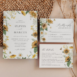 Boho Solros Golden Rays Blommigt Elegant bröllop Inbjudningar