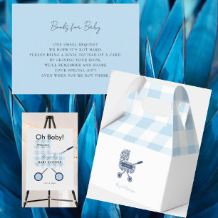 Cute Blue Gingham Pram Baby Shower Tack Kort