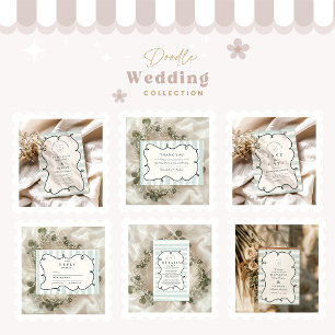 Grönt Doodle Vågigt Ram Bröllop Tack Kort