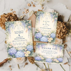 Blå Hydrangea Och Elfenbensfärgad Ros Bröllop Tack Kort