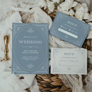 Modern Deco   Elegant White och Dusty Blue Bröllop OSA Kort